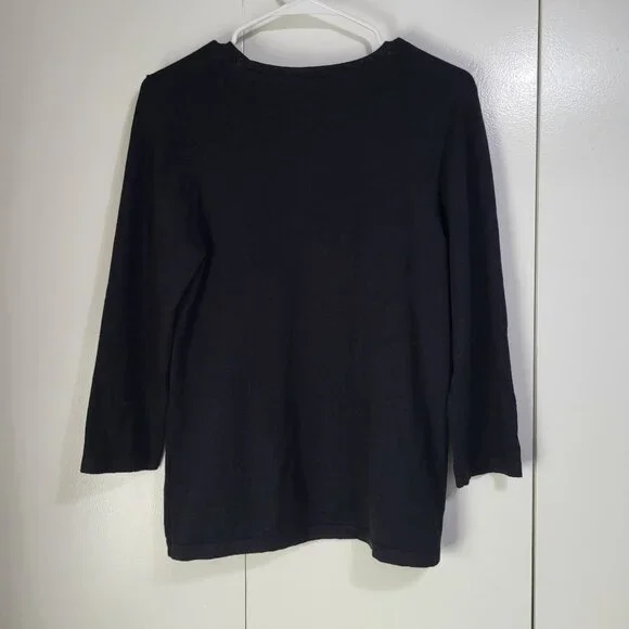 J. McLaughlin Womens SZ L V Neck Sweater Black Cotton Blend Sparkle Neckline - Picture 2 of 7